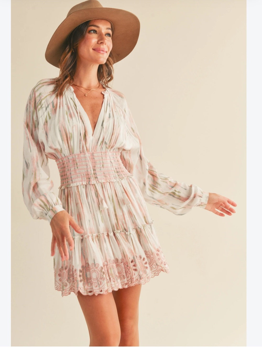 The Reset Lilian Dress Pink Multi-Print Smocked-Waist V-Neck Size Medium